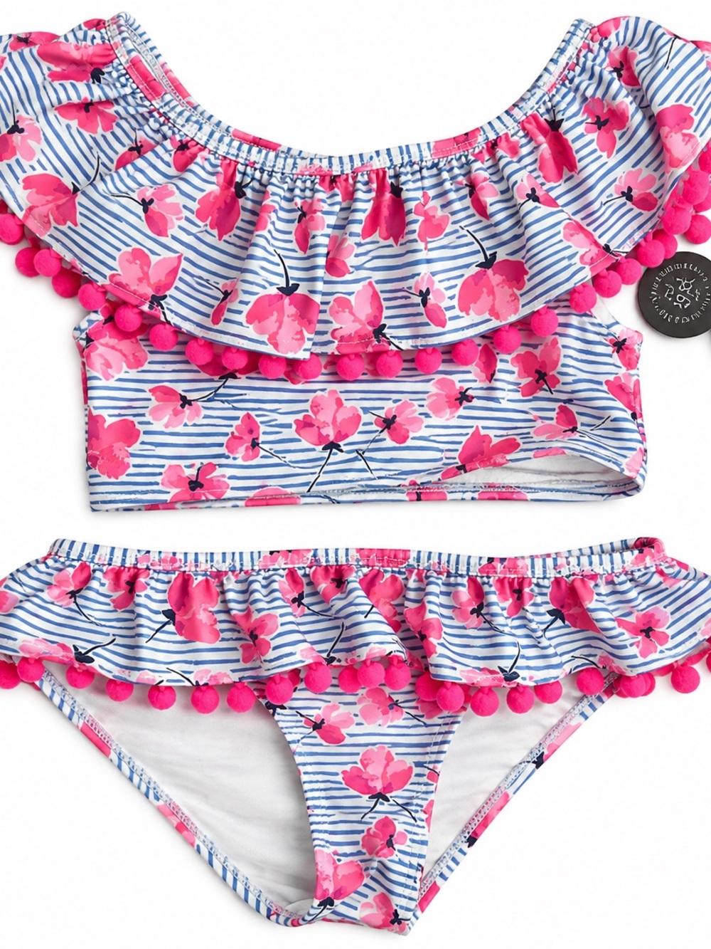 Nicole Miller Girls Floral Pom Pom 2 Piece Swimsuit M 10 NWT